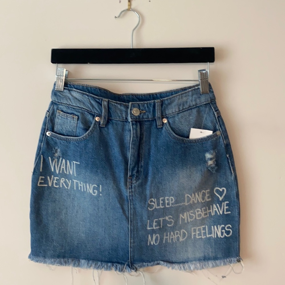 H&M-DIVIDED Fringe Denim Skirt with Print